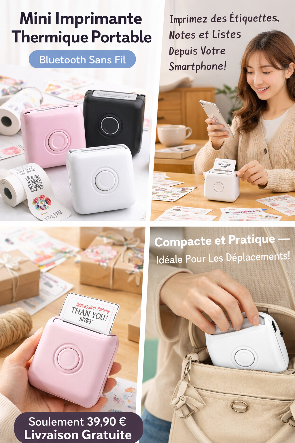 Mini Imprimante Thermique Portable Bluetooth – Étiquettes & Notes Instantanées